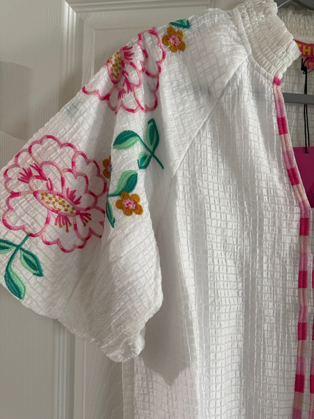 THML White Peasant Top with Pink Trim and Floral Embroidery - Picture 3 of 6